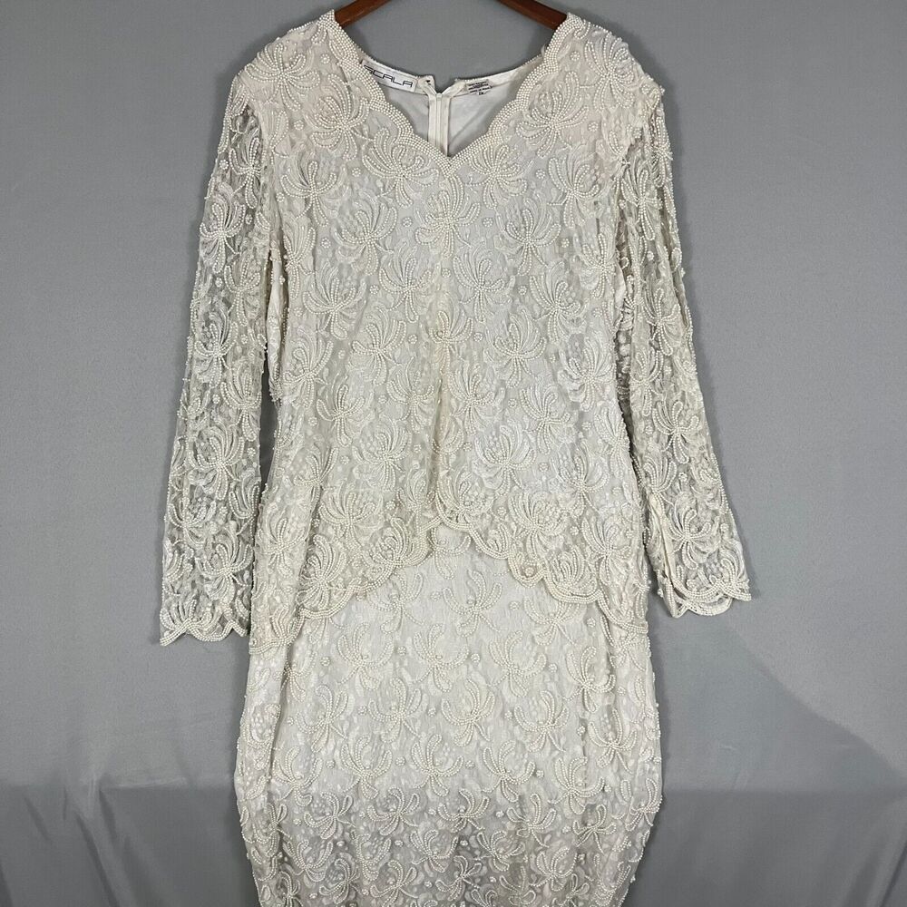 Vintage Scala Dress‎ Women's 1X Ivory Floral Gown Shoulder Pads Formal Wedding